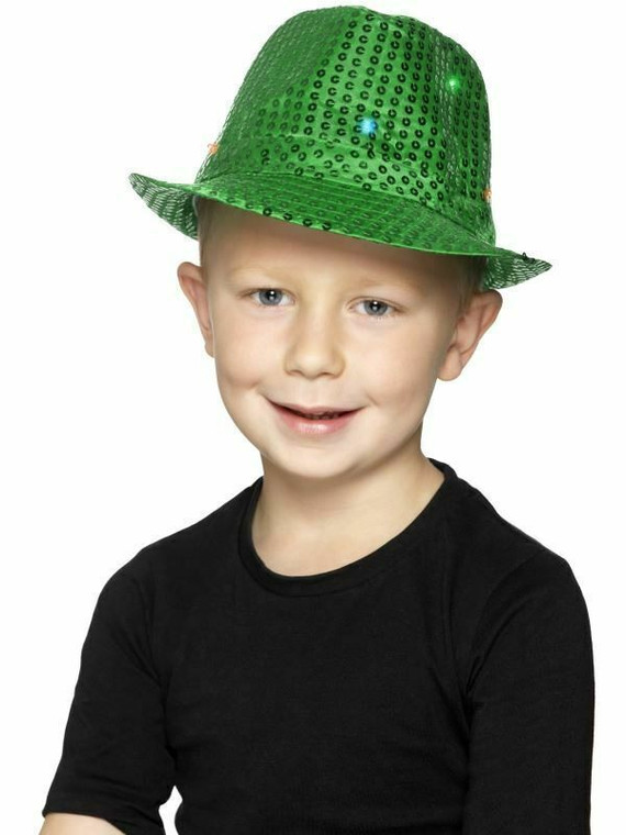 Coloured Sequin Trilby Hat Multi Function Led Light Up Fancy Dress Green Cap Kid