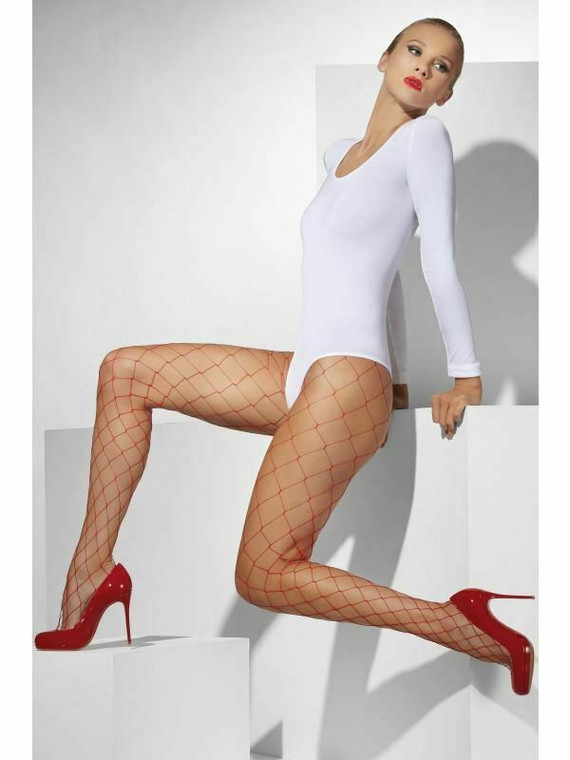 Ladies Red Diamond Net Tights Sexy Fancy Dress Large Fishnet Pattern Hosiery