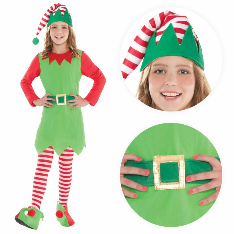 Girls Deluxe Elf Santas Little Helper Christmas Fancy Dress Costume 