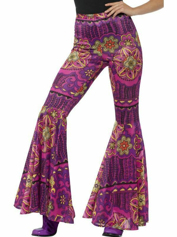 Ladies 1960S 1970S Flares Adult Disco Flared Trousers Hippie Fancy Dress Costume