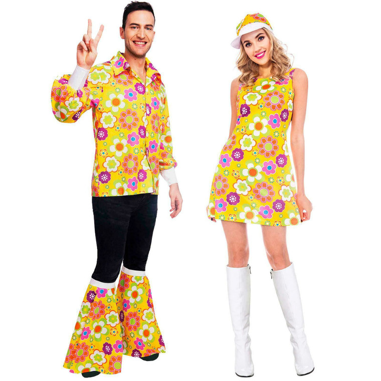 Adult's 1960's Couple Fancy Dress Costume Flower Power Yellow 60's Men's Women's