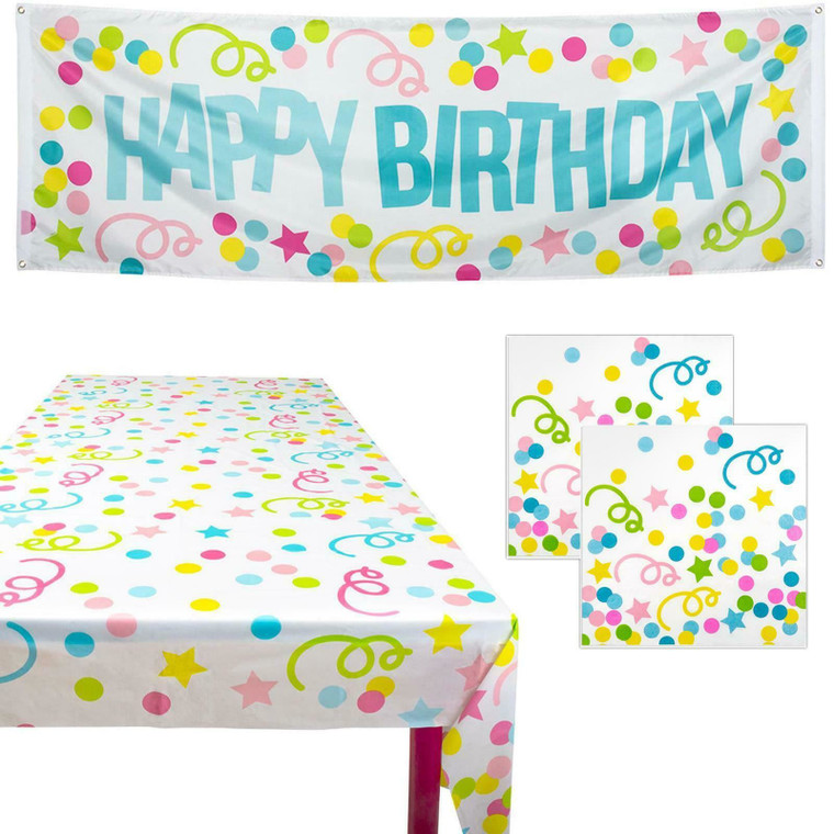 Happy Birthday Confetti Banner Table Cover Napkins Party Supplies Decoration Set