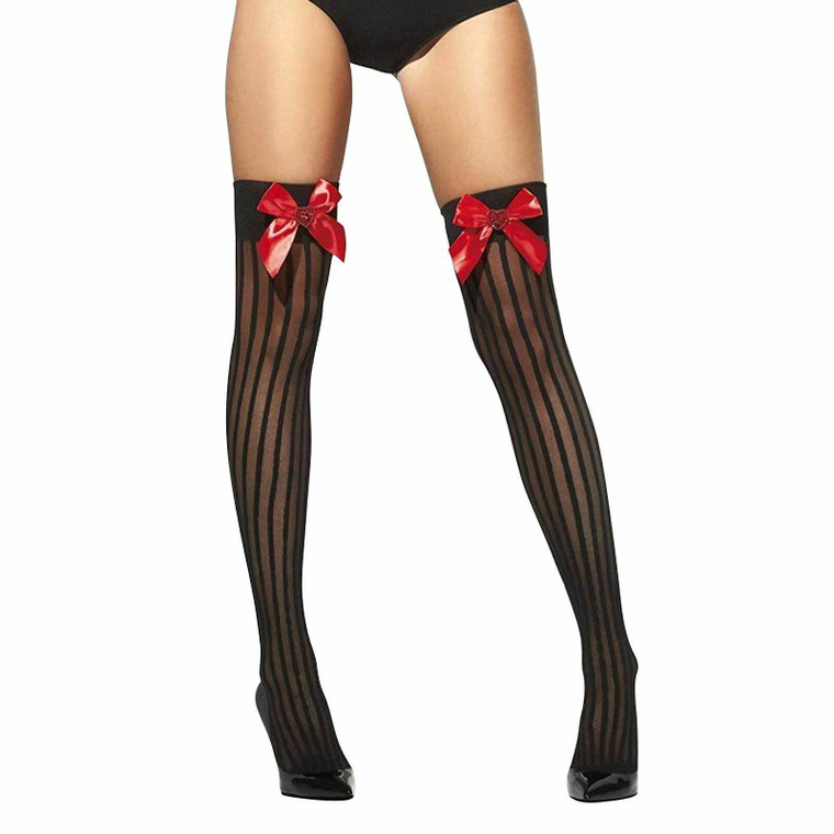 Ladies Black Stockings With Red Bow Thigh High Womens Fancy Dress Accessory Hold