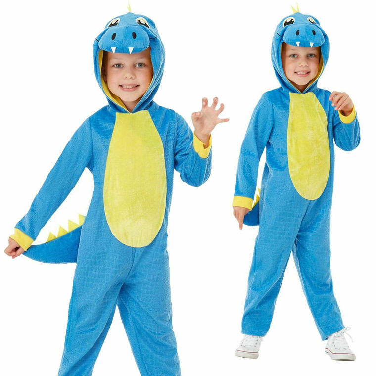 Toddler Blue Dinosaur Hooded Jumpsuit