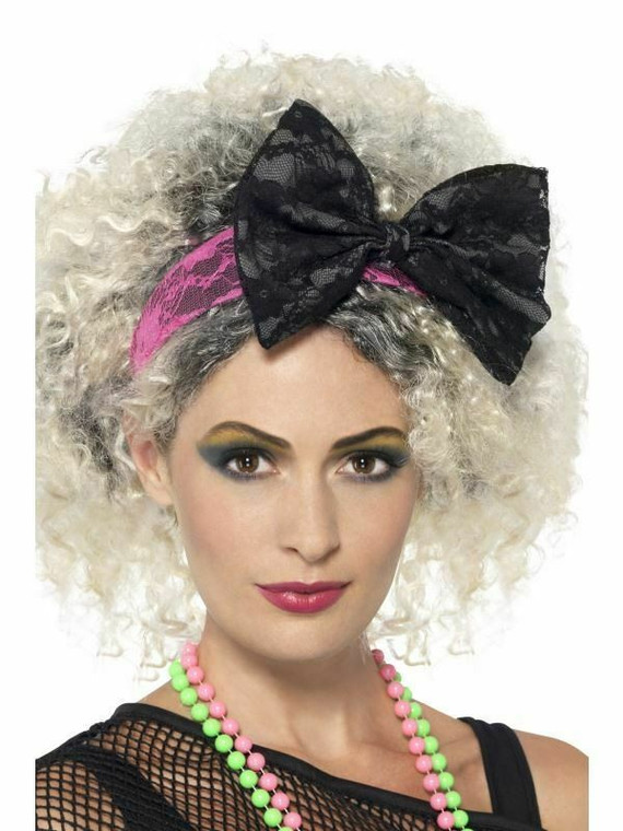 80'S Black Lace Bow On Pink Headband Madonna Pop Celebrity Fancy Dress