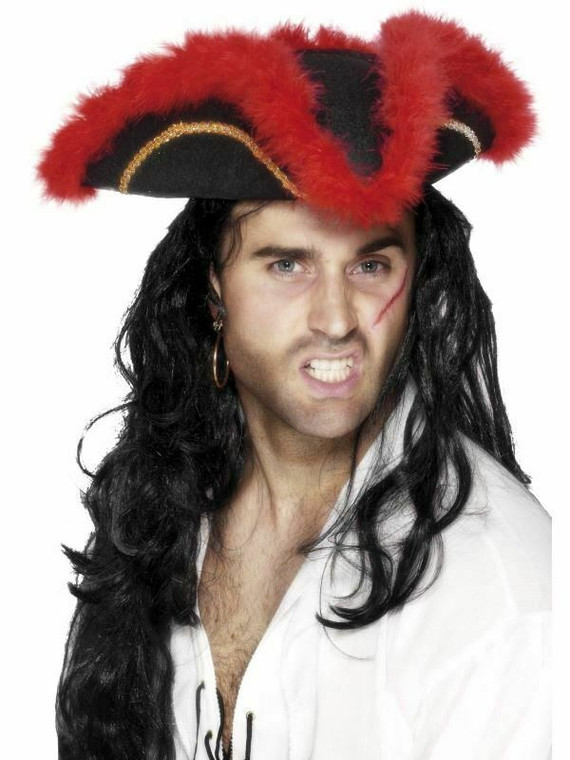 Men'S Pirate Black Tricorn Hat Jack Sparrow Fancy Dress Stag Captain Hook Fun Do
