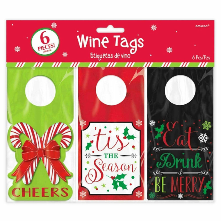 Pack of 6 Festive Christmas Wine Bottle Tags 