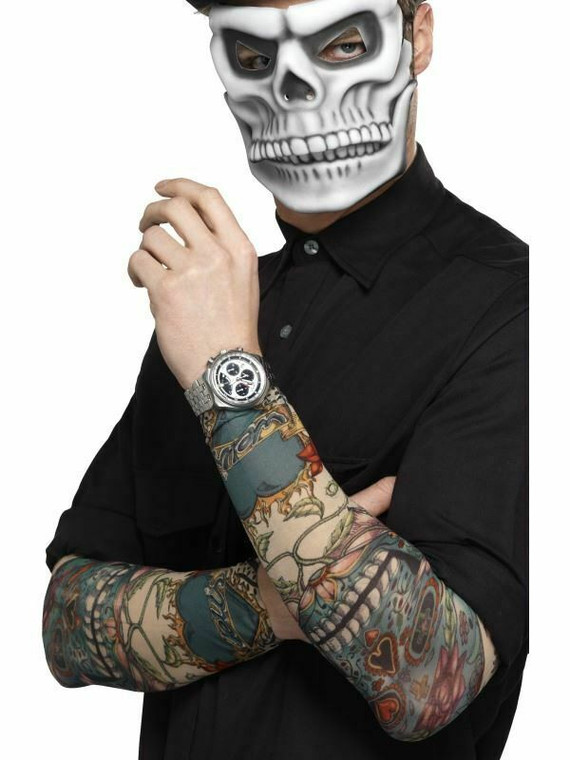 Adult Day Of The Dead Skeleton Tattoo Sleeves Halloween Horror Mens Fancy Dress