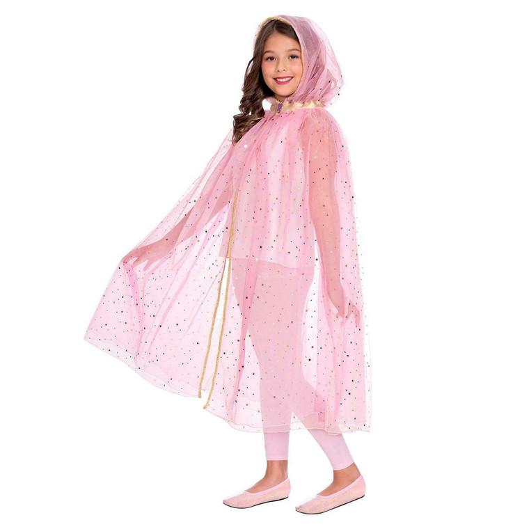 Girls Pink Organza Cape with Gold trim Star pattern Hood Magic Queen Book Day