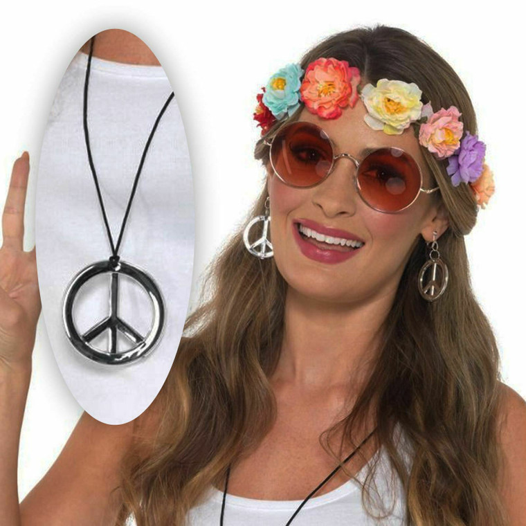Hippy Girl Set Flower Headband Rose Round Glasses Peace Necklace Earrings Hippie