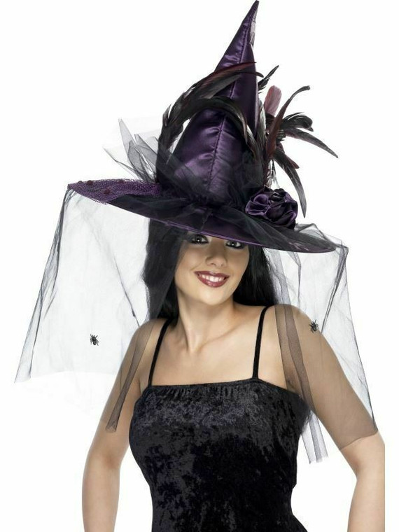 Womens Deluxe Purple Witch Hat With Feathers & Netting Halloween Fancy Dress