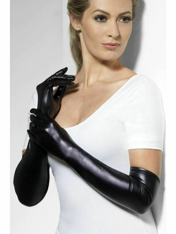 Black Elbow Length Glamour Classy Shiny Fancy Dress Accessory Wet Look Gloves