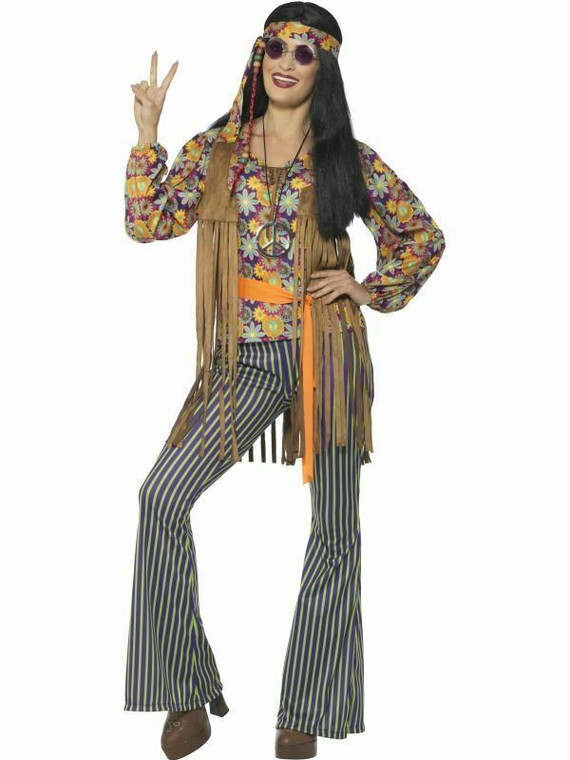 Groovy 70S Hippy Costume Adults 60S Outfit Fancy Dress Hippie Woodstock UK 8-10