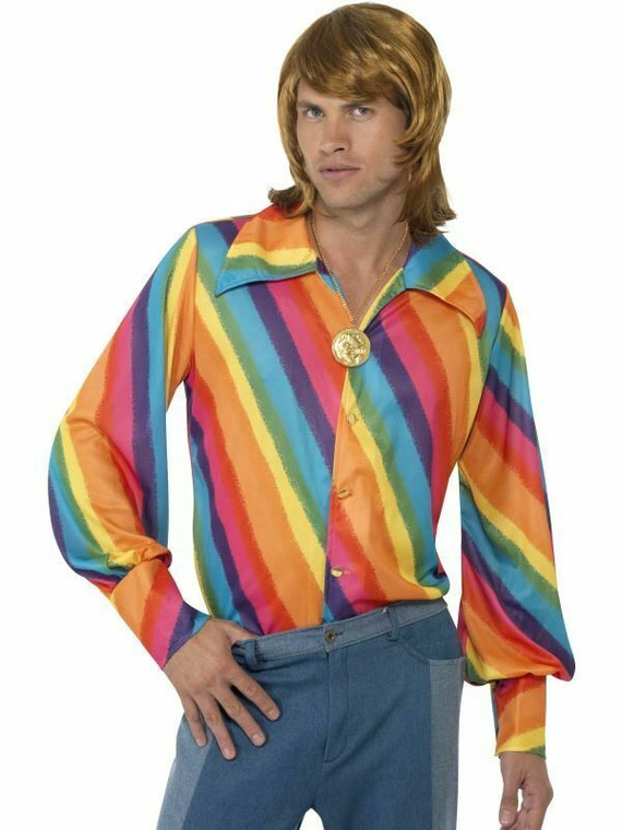 Mens Rainbow Hippy Shirt Costume 60S 70S Fancy Dress Hippie Adult Outfit LARGE