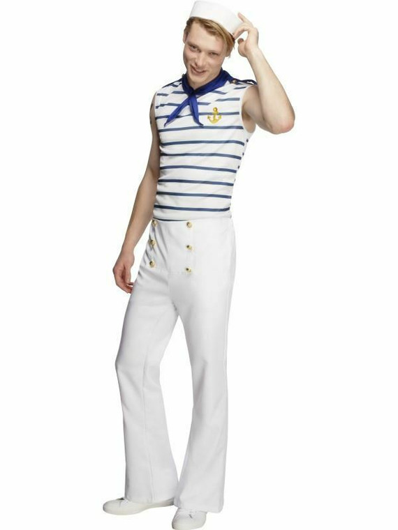 Mens French Sailor Costume Navy Uniform Captain Adult Sexy Fancy Dress LARGE