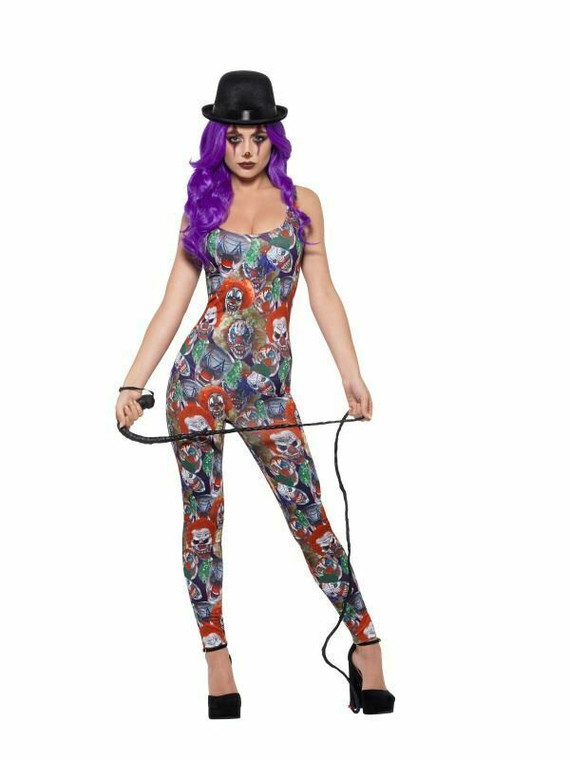 Womens Sexy Creepy Clown Catsuit Halloween Fancy Dress Costume Ladies UK 12-14