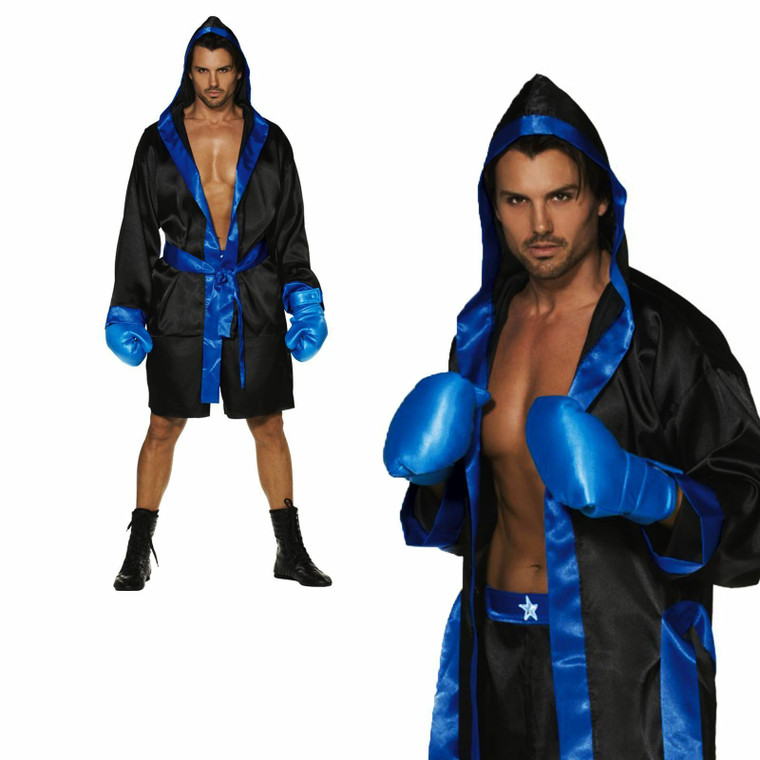 Adult Mens Boxing Boxer Fighter Sports Champion Robe Gloves Fancy Dress Costume
