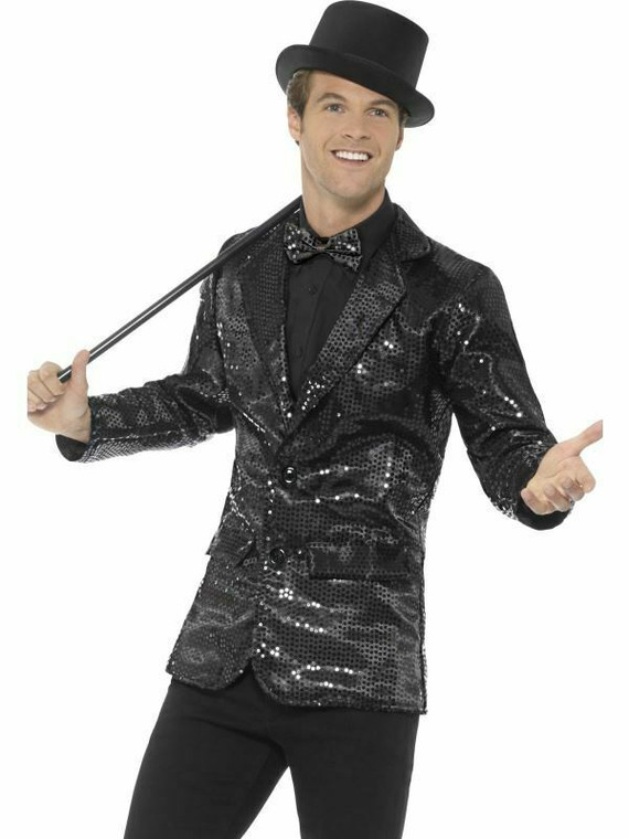 Men's Sequin Black Jacket Christmas Pantomime TheatreShowman Fancy Dress Large