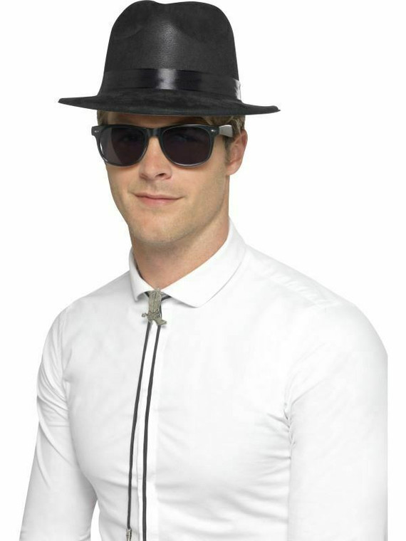 Adult Mens Fedora Hat Black Plastic Trilby Blues Brothers Fancy Dress Accessory