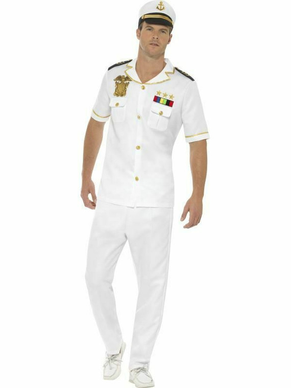 Mens Sailor Captain Costume Adults Navy Officer Fancy Dress Uniform 80S SMALL