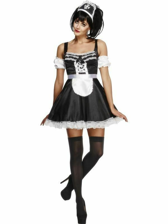 French Maid Costume Womens Ladies Sexy Deluxe Flirty Waitress Fancy UK 8-10