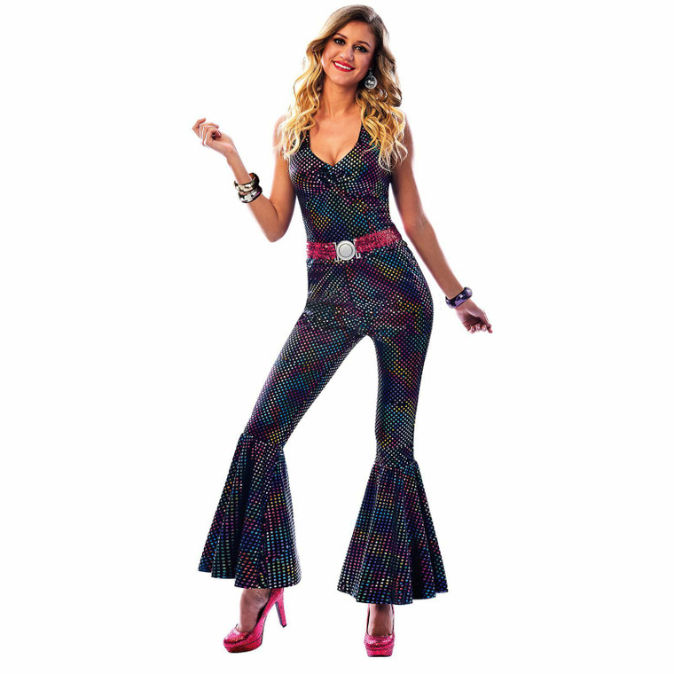 Adult Ladies 80s Boogie Disco Diva Flared Rainbow Jumpsuit Fancy Dress Costume