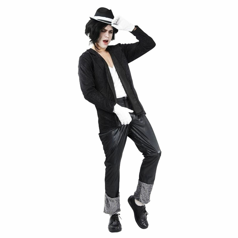 Mens Small Black White Suit 80s Superstar Singer Dancer Fancy Dress Costume Hat