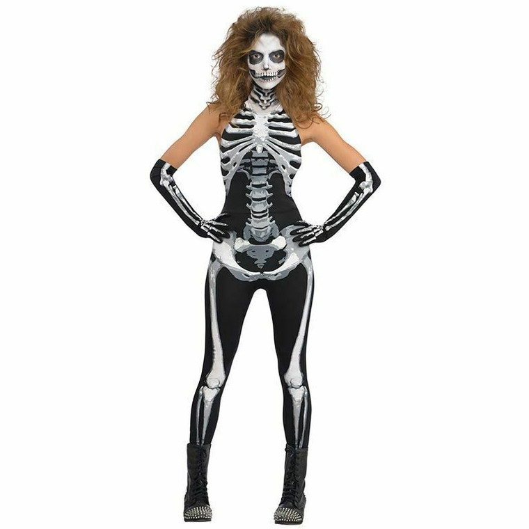 Sexy Skeleton Jumpsuit Ladies Fancy Dress Halloween Bones Womens UK Size 14-16