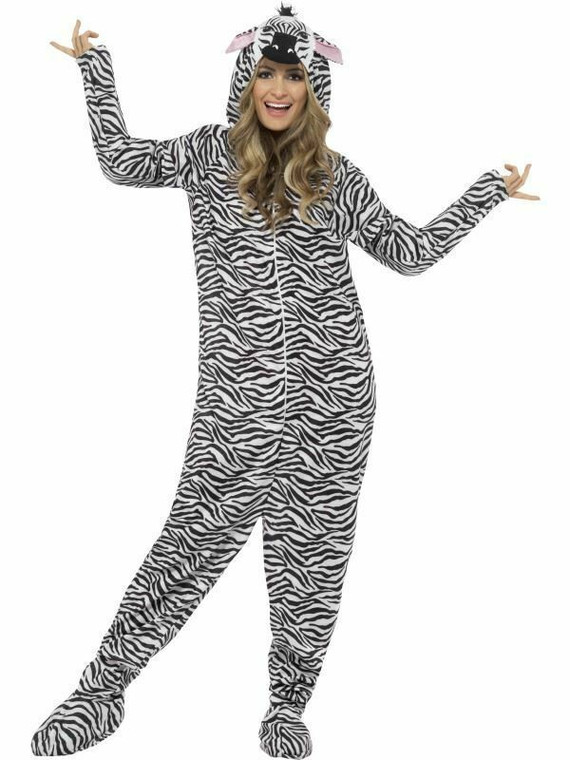 Adults Black White Zebra All In One Animal Fancy Dress Zoo Costume Ladies Men M