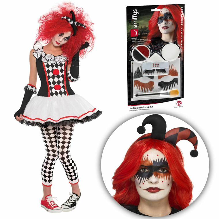 Teen Girls Harlequin Honey + Jester Makeup Kit Set Halloween Fancy Dress Costume