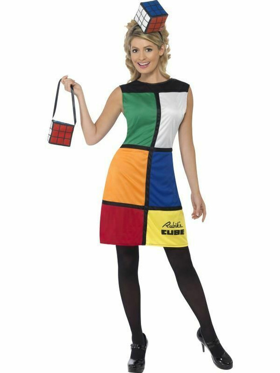 80'S Rubiks Cube Costume Ladies Fancy Dress Retro Womens Funny Costume UK 12-14