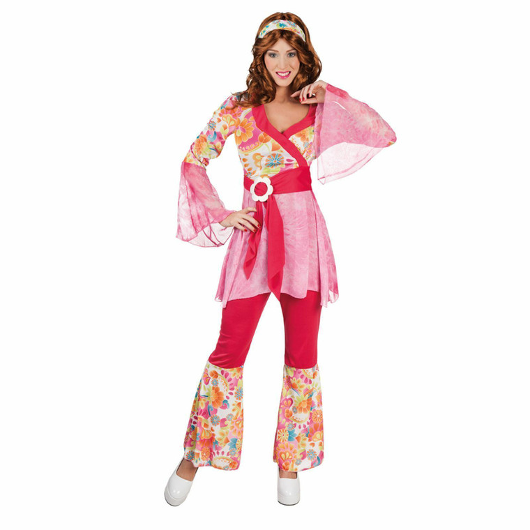 Ladies Hippy Hippie Fancy Dress Costume Flared Flower Pink Power Flared Peace BN