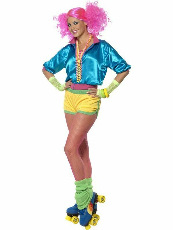 1980s Neon Skater Costume Roller Disco Girl Womens Ladies Fancy Dress Size 8-10