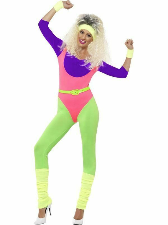Ladies 1980S Sexy Neon Aerobic Fitness Instructor Fancy Dress Workout Costume
