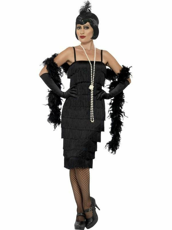 Sexy Black 1920S Flapper Dress Gloves & Headband Tassels Fancy Dress Small 8-10