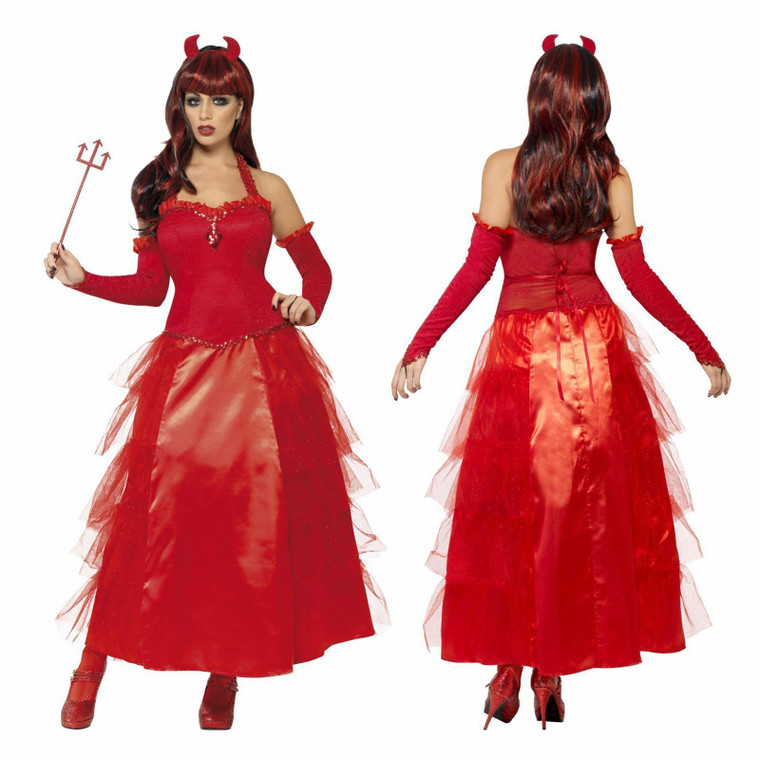 Ladies Devilish Glamour Red Deluxe Gown Long Devil Halloween Fancy Dress Costume