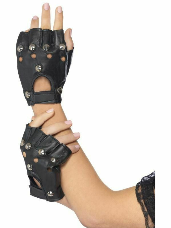 Punk Gloves Black Studded Adult Unisex Smiffys Fancy Dress Costume Accessory