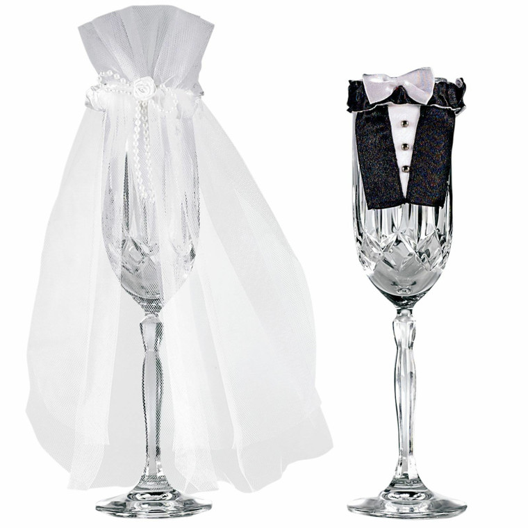 Bride and Groom Stemware Toasting Glasses Decorations Tux and Dress