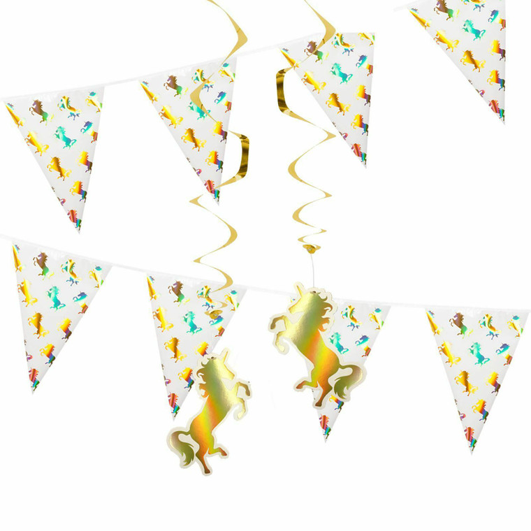 Unicorn Garden Birthday Party Decorations Supplies Swirls Bunting Gold Shiny