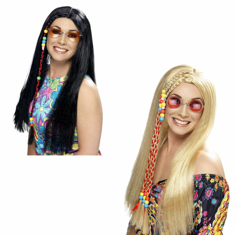 Ladies 70s Flower Power Hippy Wig with Braids Beads Fancy Dress Hippie Accessory