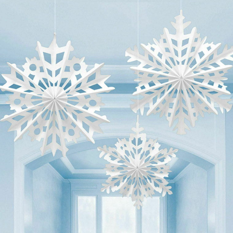 3 Pack Paper Hanging Ceiling Snowflake Decorations Christmas Ice White Fan Party