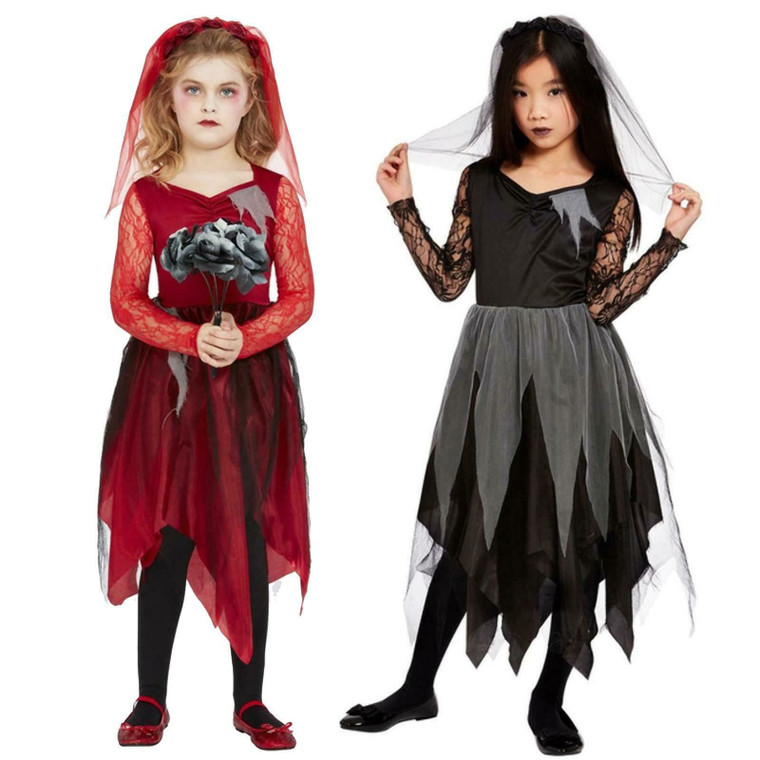 Girls Graveyard Bride Ghost Halloween Gothic Fancy Dress Costume Witch Devil Kid