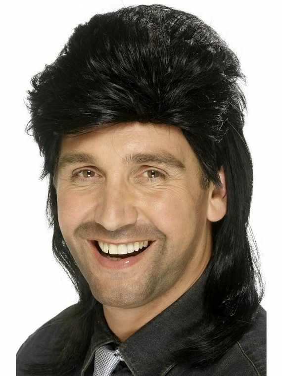 Black Mullet Wig Mens Fancy Dress 1980s Rock Star Celebrity Adults Costume Comb
