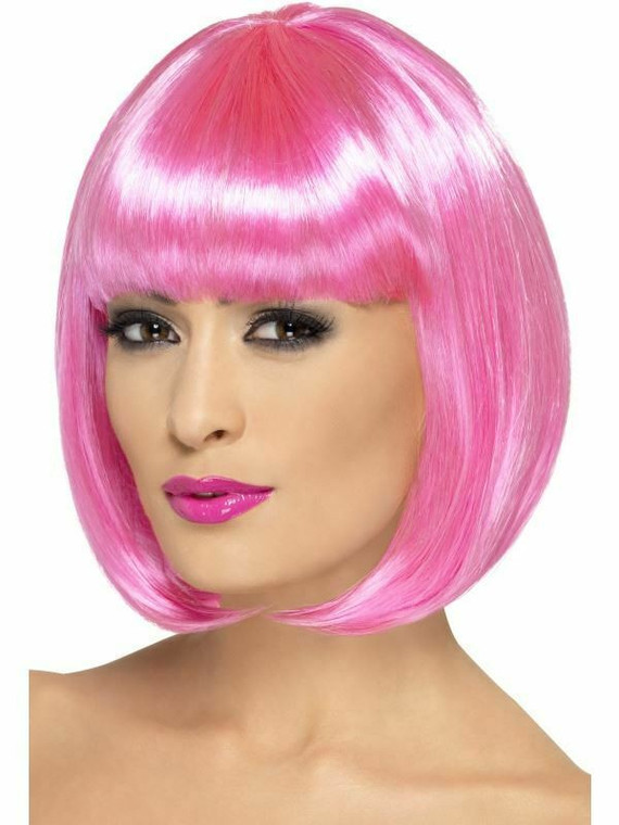 Pink Partyrama Wig, Short Bob Adult Womens Smiffys Fancy Dress Costume