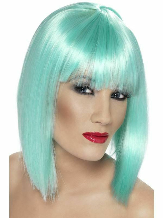 Glam Wig Short Blunt Fringe Wig Adult Womens Fancy Dress Costume Aqua Blue Hair