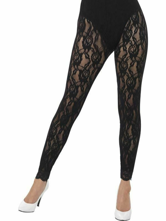 1980s Fancy Dress Accessory Black Lace Leggings 80s Disco Pop Star Fancy Dress