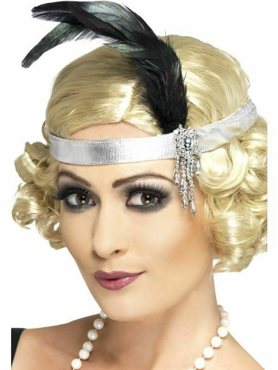 Ladies 1920s Silver Charleston Feather Headband Flapper Gangster 30s Fancy Dress