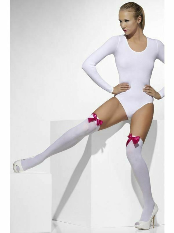 Smiffys White Opaque Hold-ups With Fuchsia Bows Ladies Knee Stockings One Size