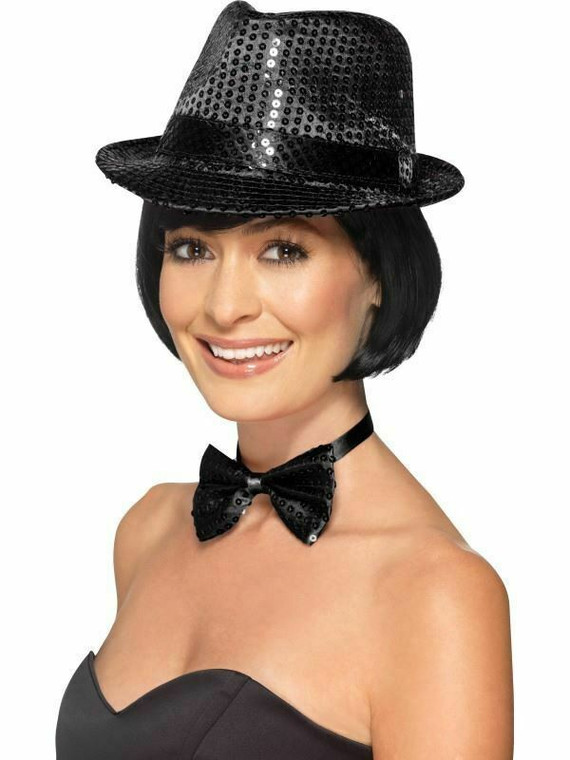 Adult Black Sequin Trilby Hat Fancy Dress Accessory Showgirl  Magician One Size