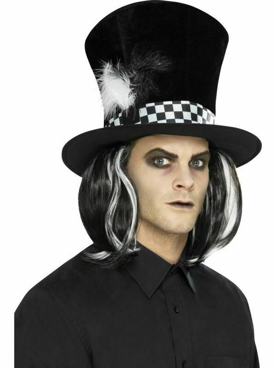 Dark Mad Hatter Tea Party Top Hat With Hair Halloween Mens Fancy Dress Accessory